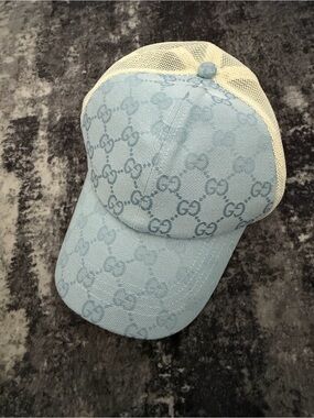 Gucci Light Blue Monogram Mesh Trucker Cap